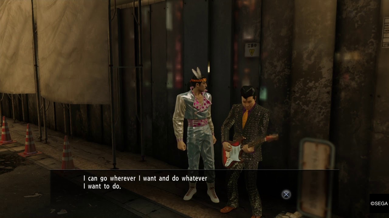 Screenshot of Yakuza 0, with Majima (the player character) in a neon tracksuit saying: "I can go anywhere I want and do whatever I want to do."